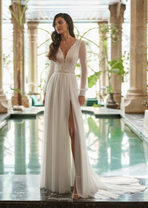 Long Sleeves Ivory Lace Chiffon High Slit Flowing Wedding Dress